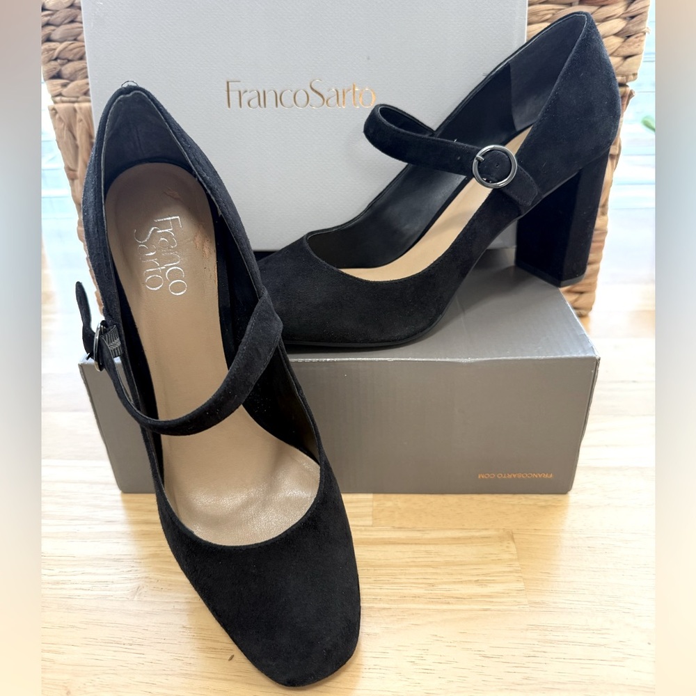 Franco Sarto Black Suede Pumps Block Heel Adjustable Ankle Strap-Size 10M